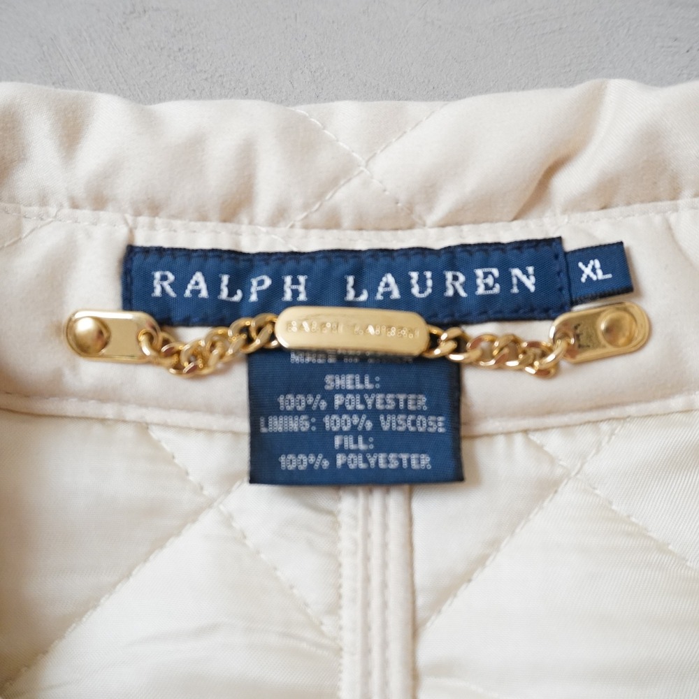 Ralph Lauren Quilted Jacket XL Womens Cream Diamond Stitch Gold Chain Trim Coat - Picture 7 of 9